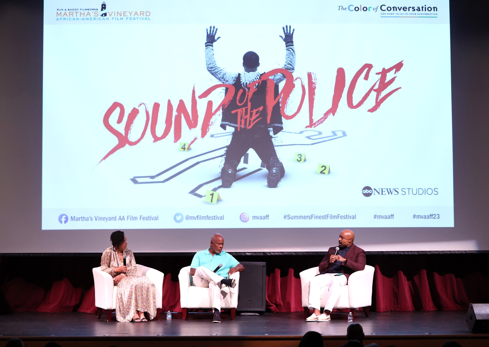 Valerie Scoon, Stanley Nelson Jr. and Mike Muse at  Sound of the Police Panel at Martha's Vineyard African American Film Festival 2023. Image: Arturo Holmes/Getty Images for MVAAFF.