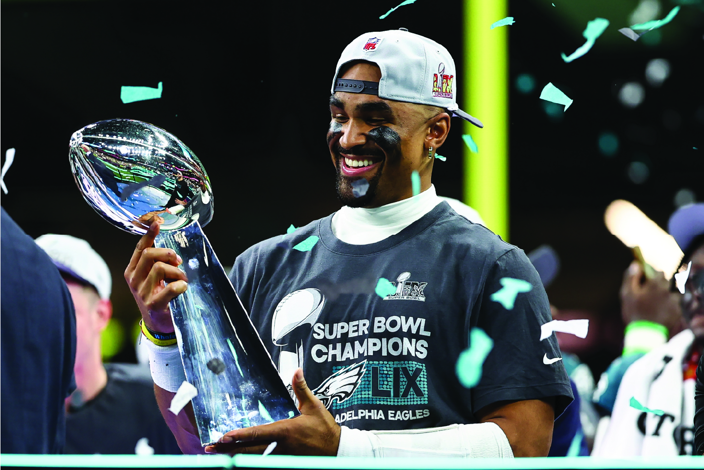 Jalen Hurts hoists the Super Bowl trophy
