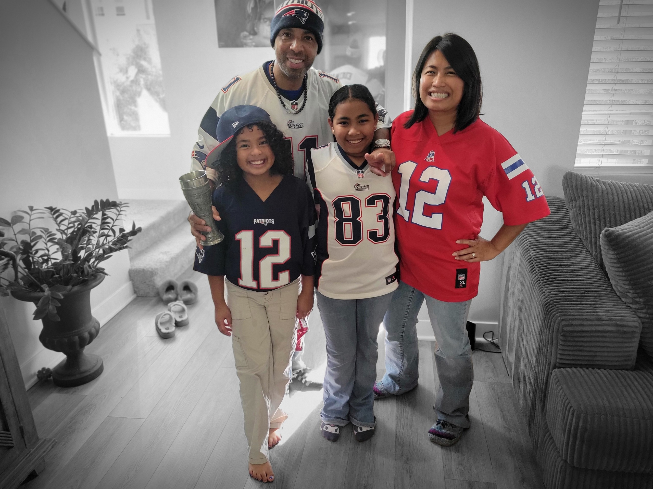The Scales Family show off their love for the New England Patriots.
