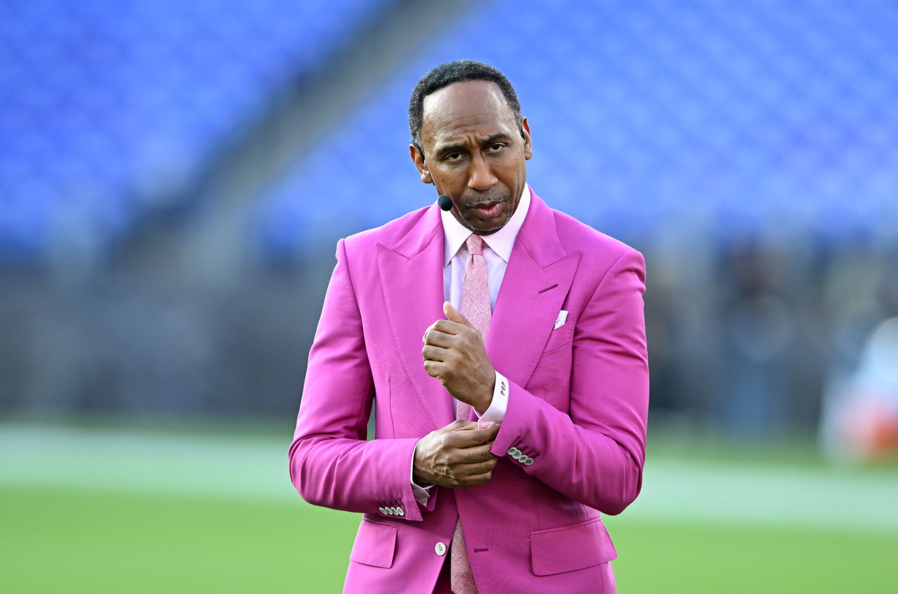 SPN Broadcaster Stephen A. Smith reacts before the game between the Baltimore Ravens and the Detroit Lions at M&T Bank Stadium.