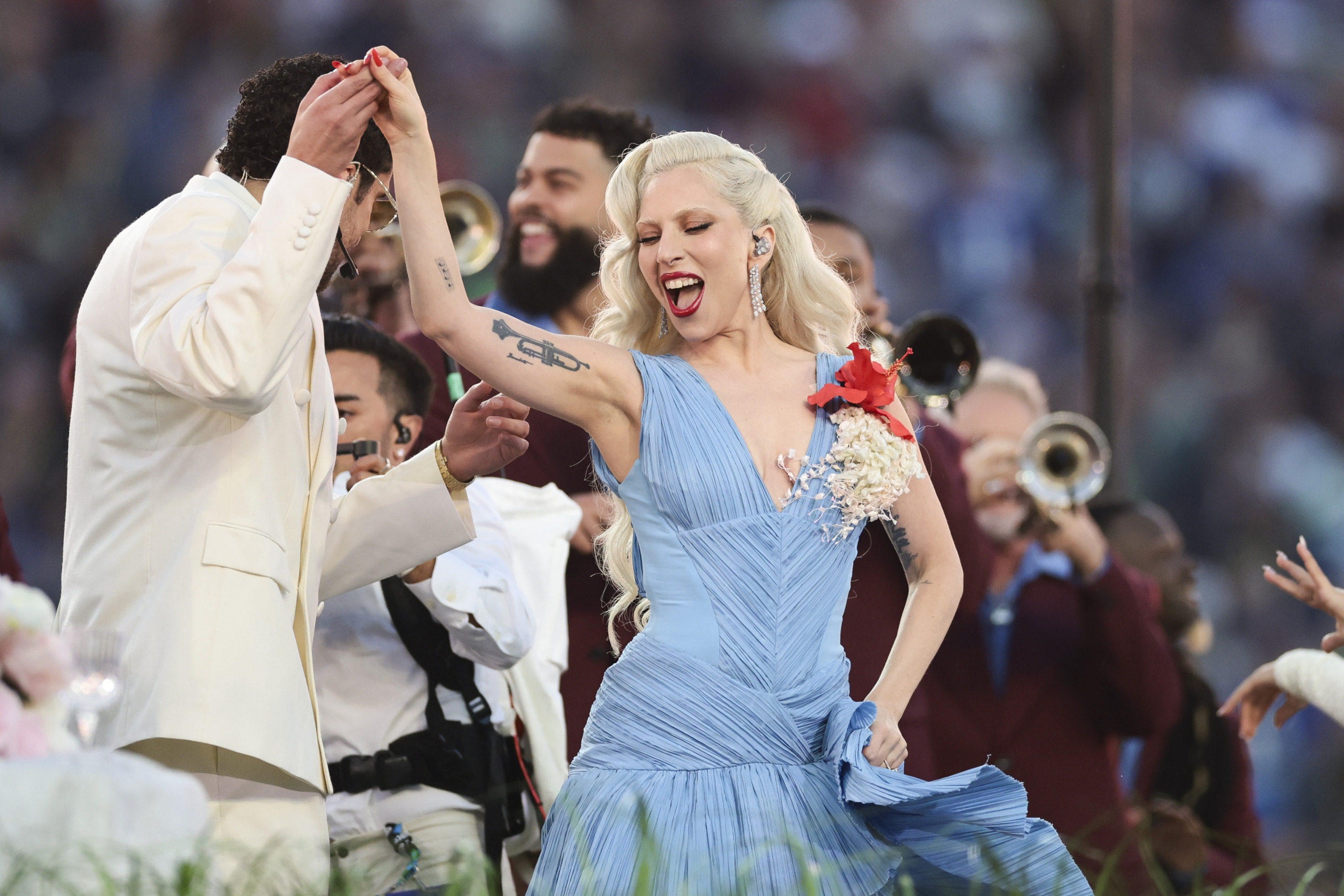 Lady Gaga and Bad Bunny perform during halftime of Super Bowl LX at Levi's Stadium.