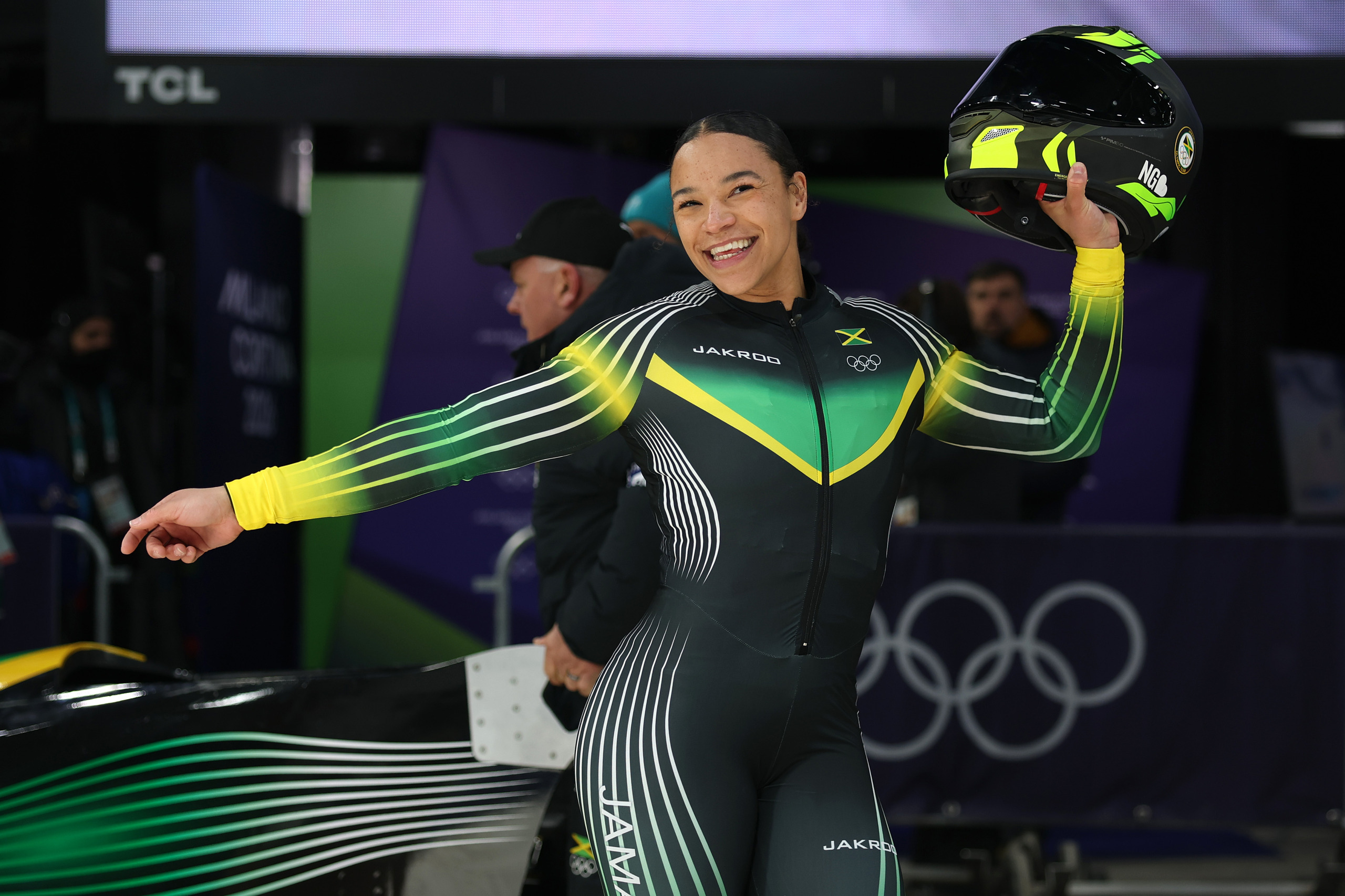 Mica Moore of Team Jamaica celebrates after competing in the Women's Monobob Bobsleigh. 