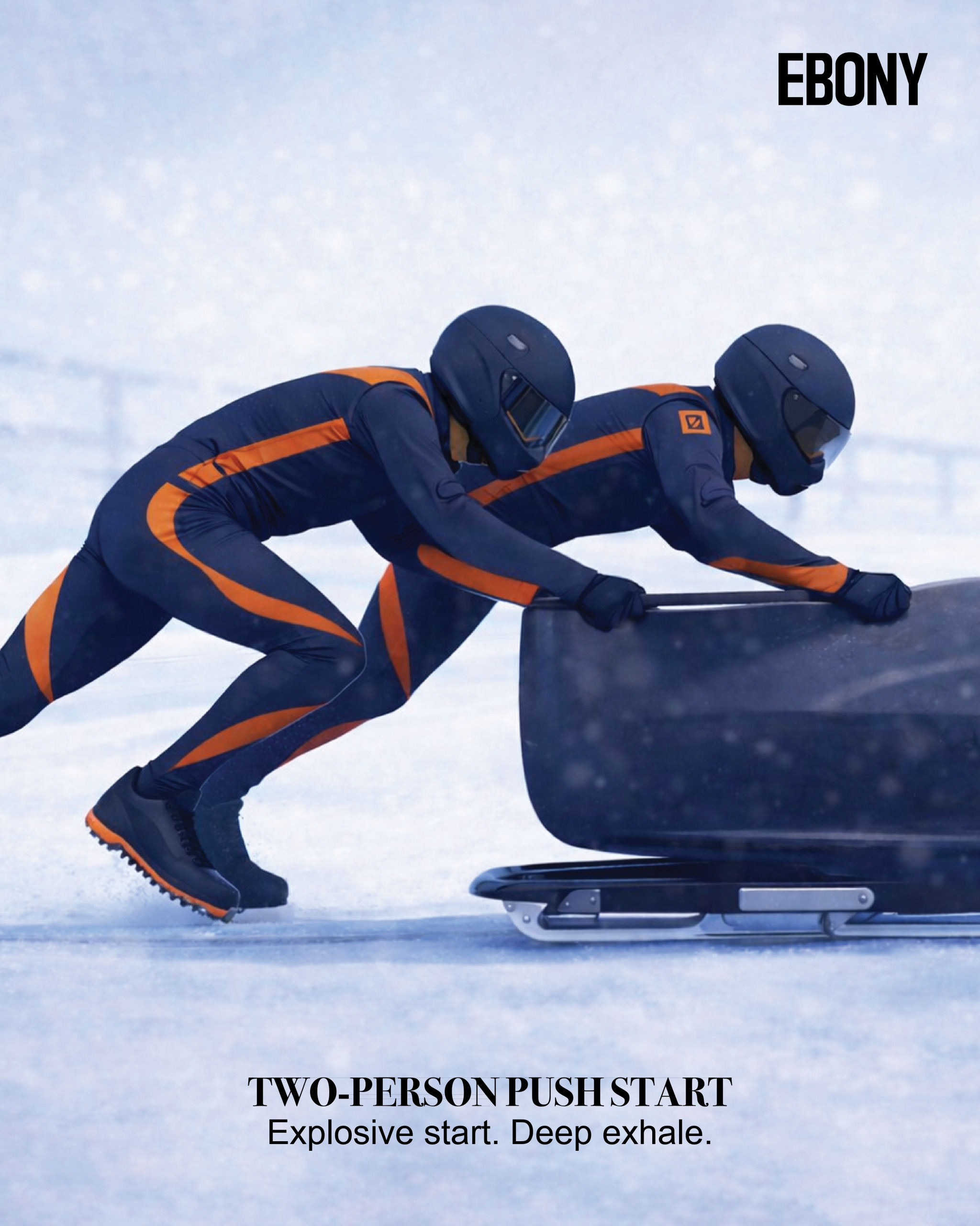 Two bobsledders giving it a little push.
