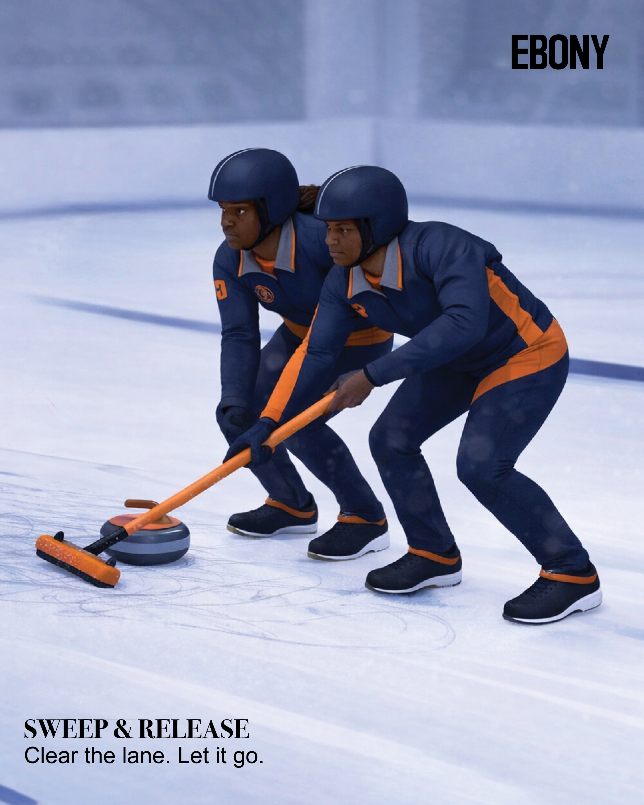 A curling couple share the ice and the broom.