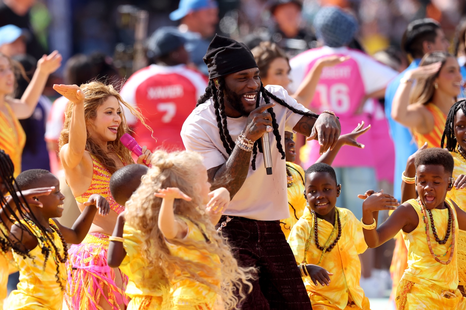 Burna Boy, Shakira, The Ghetto Kids at FIFA World Cup 2026™ Topps Final Halftime Show | Credit: Kevin Kane/Getty Images for Global Citizen