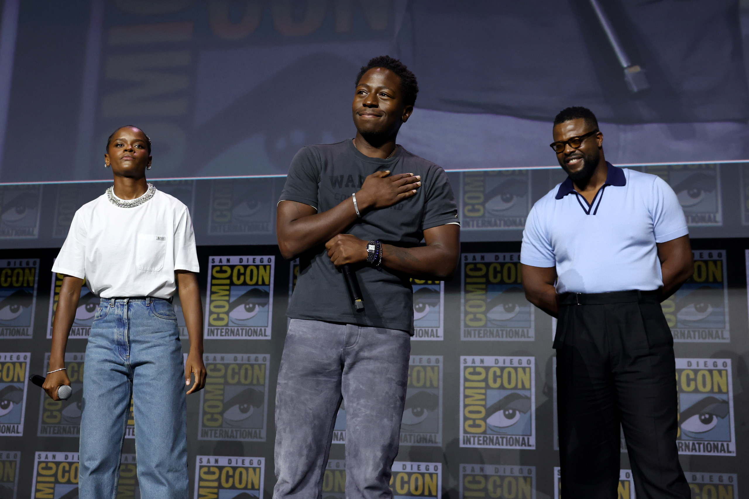 Letitia Wright, David Jonsson, Winston Duke at Comic-Con. Image: courtesy of Disney