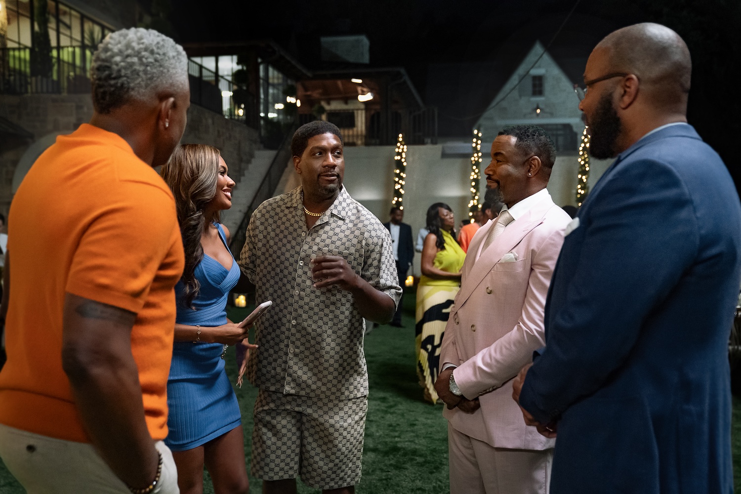 Lamman Rucker as Troy, Sydney Winbush as Regina, Richard T. Jones as Mike, Michael Jai White as Marcus and Tyler Perry as Terry in Why Did I Get Married Again? | Credit: Chip Bergmann/Perry Well Films 2/Netflix