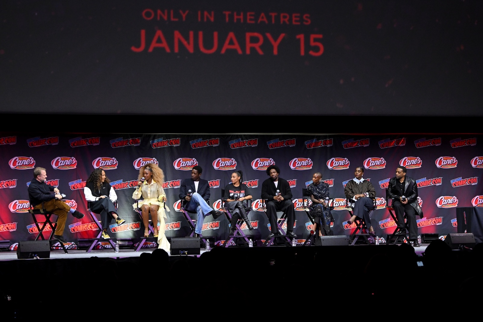 Moderator Rian Johnson with director Gina Prince-Bythewood and cast: Thuso Mbedu, Damson Idris, Amandla Stenberg, Tosin Cole, Cynthia Erivo, Lashana Lynch, Chiwetel Ejiofo